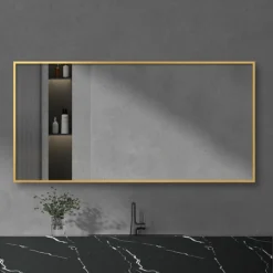 Arezzo Brushed Brass Square Edge Framed Bathroom Mirror - 1400 X 500mm -Bathroom Furniture az147bb d2
