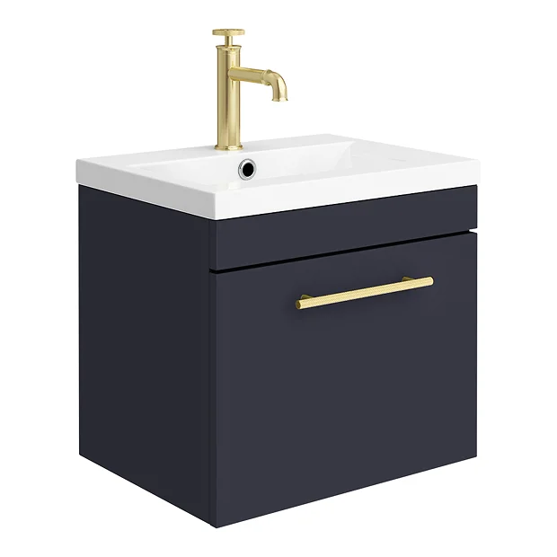 Arezzo Wall Hung Vanity Unit - Matt Blue - 500mm With Industrial Style Brushed Brass Handle 4 Arezzo Wall Hung Vanity Unit - Matt Blue - 500mm With Industrial Style Brushed Brass Handle - Image 2