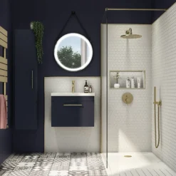 Arezzo Wall Hung Vanity Unit - Matt Blue - 500mm With Industrial Style Brushed Brass Handle