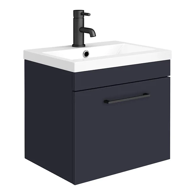 Arezzo 500 Matt Blue Wall Hung 1-Drawer Vanity Unit With Matt Black Handle 4 Arezzo 500 Matt Blue Wall Hung 1-Drawer Vanity Unit With Matt Black Handle - Image 2