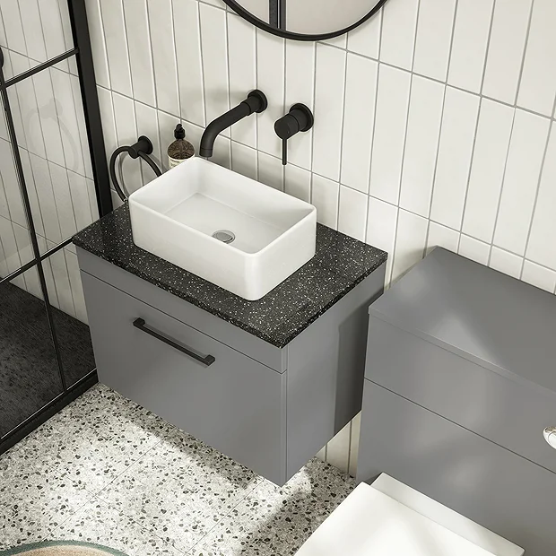 Arezzo Wall Hung Countertop Vanity Unit - Matt Grey - 600mm With Black Worktop & Matt Black Handle 7 Arezzo Wall Hung Countertop Vanity Unit - Matt Grey - 600mm With Black Worktop & Matt Black Handle - Image 5