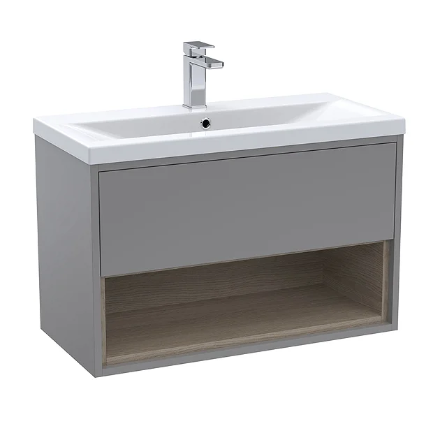 Arezzo Senza 800mm Matt Grey / Vicenza Oak Wall Hung Vanity Unit With Open Shelf + Ceramic Basin 4 Arezzo Senza 800mm Matt Grey / Vicenza Oak Wall Hung Vanity Unit With Open Shelf + Ceramic Basin - Image 2