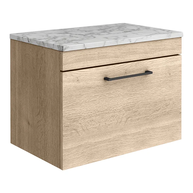 Arezzo Wall Hung Countertop Vanity Unit - Rustic Oak - 600mm W. Matt White Marble Worktop & Matt Black Handle 4 Arezzo Wall Hung Countertop Vanity Unit - Rustic Oak - 600mm W. Matt White Marble Worktop & Matt Black Handle - Image 2