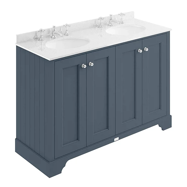 Bayswater Stiffkey Blue 1200mm 4 Door Vanity Unit & 3TH White Marble Double Bowl Basin Top 3 Bayswater Stiffkey Blue 1200mm 4 Door Vanity Unit & 3TH White Marble Double Bowl Basin Top