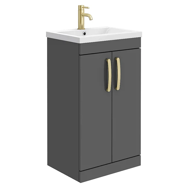 Brooklyn 500mm Gloss Grey Vanity Unit With Brushed Brass Handles 4 Brooklyn 500mm Gloss Grey Vanity Unit With Brushed Brass Handles - Image 2