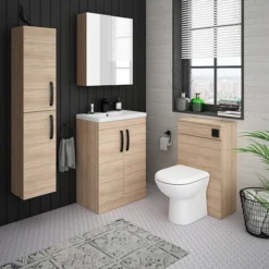 Brooklyn Natural Oak Vanity Unit - 600mm Wide With Matt Black Handles