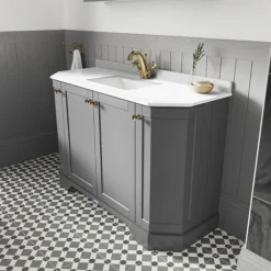 Old London Storm Grey Art Deco 1000mm Angled Cabinet With White Marble Basin Top