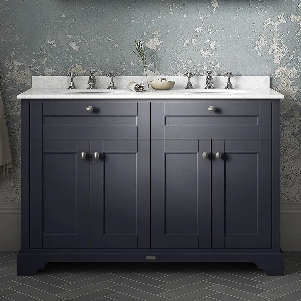 Old London 1200mm Cabinet & Double Bowl White Marble Top - Twilight Blue 5 Old London 1200mm Cabinet & Double Bowl White Marble Top - Twilight Blue - Image 3