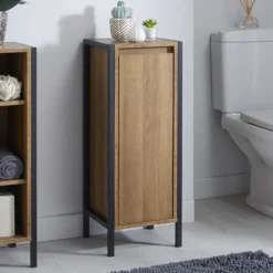 Milan Industrial Matt Black Framed 1-Door Bathroom Storage Unit - Wood Effect -Bathroom Furniture mil353md2