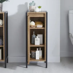 Milan Industrial Matt Black Framed 1-Door Bathroom Storage Unit - Wood Effect -Bathroom Furniture mil353md3