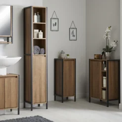 Milan Industrial Matt Black Framed 1-Door Bathroom Storage Unit - Wood Effect
