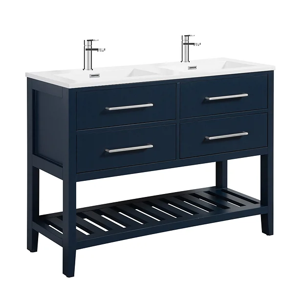 Montrose 1200mm Indigo Blue Double Basin Vanity Unit With Chrome Handles And Slatted Shelf 4 Montrose 1200mm Indigo Blue Double Basin Vanity Unit With Chrome Handles And Slatted Shelf - Image 2