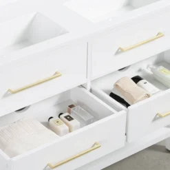 Montrose 1200mm White Double Basin Vanity Unit With Brushed Brass Handles And Slatted Shelf