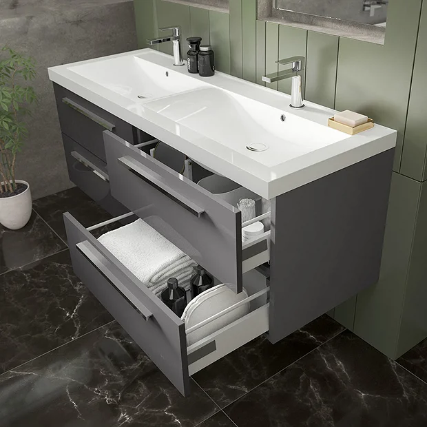 Hudson Reed 1440mm Gloss Grey Quartet Double Basin Vanity Unit 5 Hudson Reed 1440mm Gloss Grey Quartet Double Basin Vanity Unit - Image 3